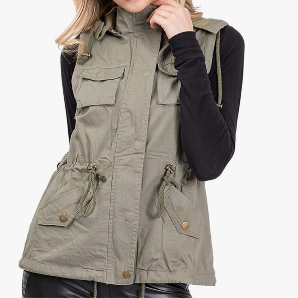 Fashionomics olive green utility safari vest with detachable‎ hoodie Sz L
